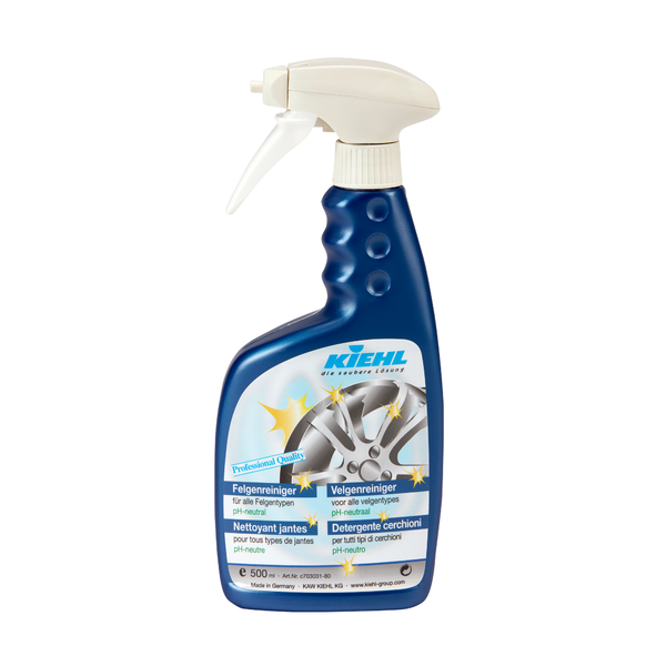 Blaue 500ml-Sprühflasche Kiehl Felgenreiniger pH-neutral der Johannes Kiehl KG mit weißem Abzug und Autofelgengrafik auf dem Etikett für eine effektive und schonende Felgenreinigung. Erhältlich als Karton (6 Flaschen).