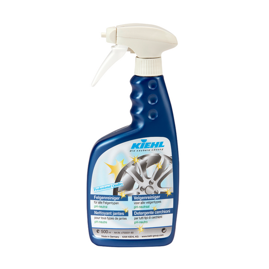Blaue 500ml-Sprühflasche Kiehl Felgenreiniger pH-neutral der Johannes Kiehl KG mit weißem Abzug und Autofelgengrafik auf dem Etikett für eine effektive und schonende Felgenreinigung. Erhältlich als Karton (6 Flaschen).