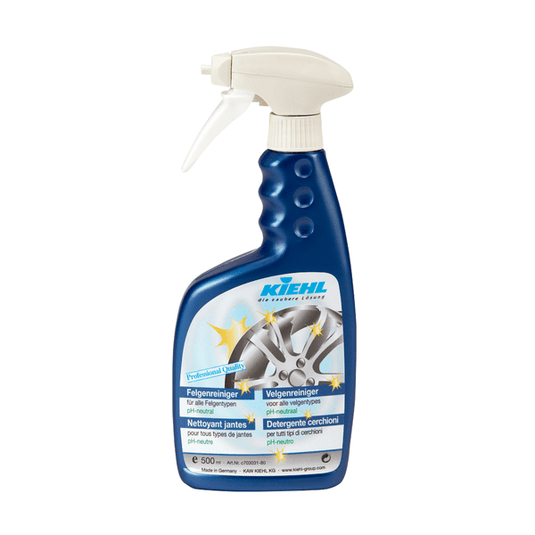 Blue 500-ml spray bottle of Kiehl pH-neutral wheel cleaner by Johannes Kiehl KG, featuring a white trigger and a car wheel graphic on the label, for effective and gentle wheel cleaning. Available in a box of 6 bottles.