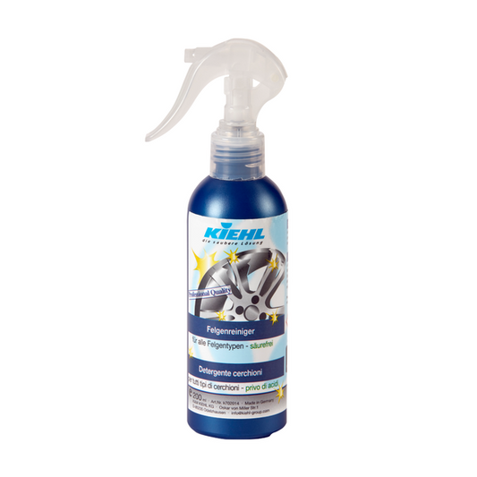 Die 200-ml-Flasche des Johannes Kiehl KG Felgenreiniger säurefrei mit Sprühkopf und blau-weißem Etikett mit Felgenmotiven ist in Kartons mit 30 Flaschen erhältlich.