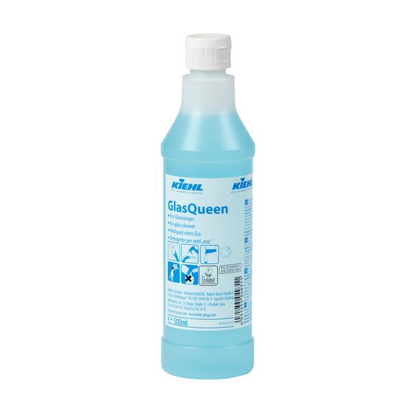 A 500 ml bottle of Johannes Kiehl KG Kiehl GlasQueen glass and surface cleaner with a white cap and blue liquid; the label contains product information, application instructions, and blue symbols showing the streak-free cleaning of various surfaces.