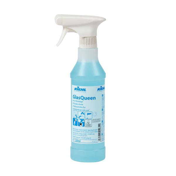 A plastic spray bottle with blue liquid and labeled "Kiehl GlasQueen glass and surface cleaner" from Johannes Kiehl KG. According to the label, it is a streak-free glass cleaner with instructions and symbols for cleaning glass surfaces.