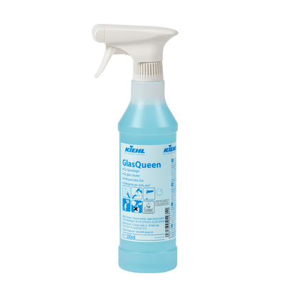 A plastic spray bottle with blue liquid and labeled "Kiehl GlasQueen glass and surface cleaner" from Johannes Kiehl KG. According to the label, it is a streak-free glass cleaner with instructions and symbols for cleaning glass surfaces.