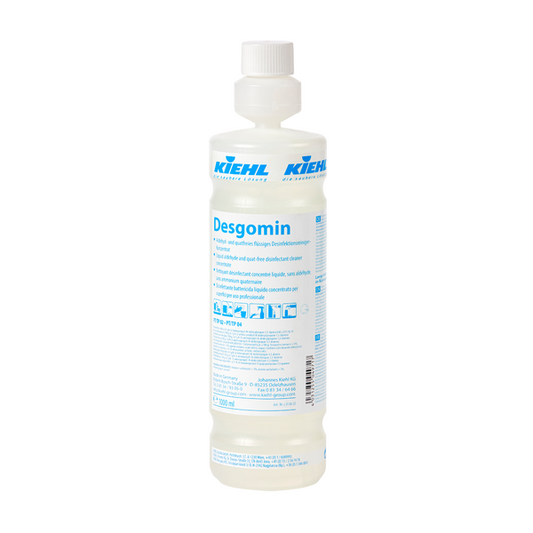 Eine klare 500 ml Kiehl Desgomin Trichterflasche leer von der Johannes Kiehl KG, enthält 6 Schaumsprüher und 6 Sprühaufsätze pro Packung (6 Stück), ideal für Reinigungsmittel Aufbewahrung.
