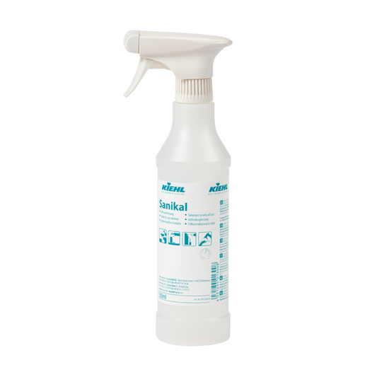 Die Johannes Kiehl KG Sanikal 500 ml-Trichterflasche (weiß, blaue Schrift/Ikonen) kommt im 6er-Pack mit 6 aerosolfreien Triggersprühern und 6 Sprühkappen. Ideal zur Reinigung und Desinfektion. Detaillierte Informationen auf dem Etikett.