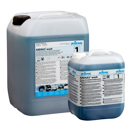 Pictured are two large plastic containers of Johannes Kiehl KG Kiehl ARENAS-wash Liquid Detergent, labeled with product information and filled with blue liquid. The larger one holds 20 liters. This detergent is phosphate-free.
