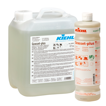 Pictured are two containers of Johannes Kiehl KG Grasset-plus grease remover: a large, transparent 10L canister and a smaller, beige 1L bottle, both with white caps and labels - ideal as an effective grease remover.