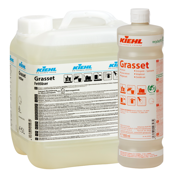 Abgebildet sind zwei Gebinde des Kiehl Grasset Fettlösers der Johannes Kiehl KG: ein großer durchsichtiger 10-Liter-Kanister und eine kleinere 1-Liter-Flasche mit rotem Verschluss, beide gekennzeichnet als kraftvolle Küchenentfetter.