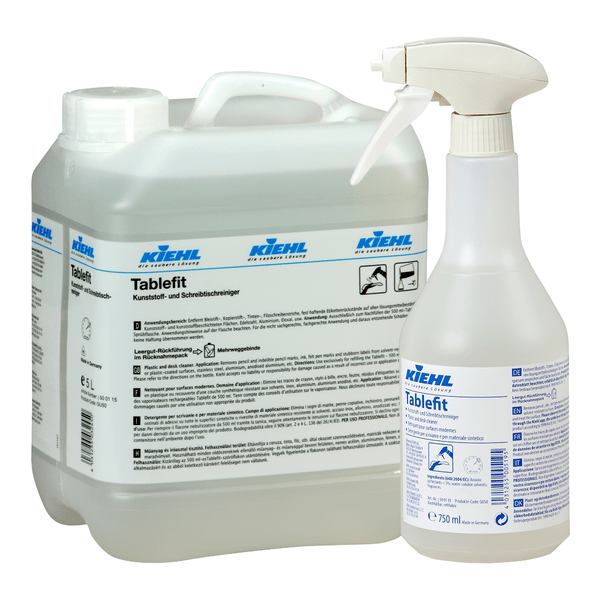A 5-liter canister and a 750 ml spray bottle, both labeled "Kiehl Tablefit plastic and desk cleaner" from Johannes Kiehl KG, are equipped with white and blue labels with product information and logos and contain a liquid cleaning solution.