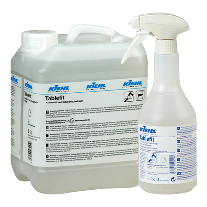 A 5-liter canister and a 750 ml spray bottle, both labeled "Kiehl Tablefit plastic and desk cleaner" from Johannes Kiehl KG, are equipped with white and blue labels with product information and logos and contain a liquid cleaning solution.