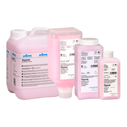 Four containers of Kiehl Opysat hand wash lotion from Johannes Kiehl KG (1-5L) with white closures and detailed labels offer pH-neutral, gentle hand cleaning. The brand name "Kiehl" is clearly visible on each container.