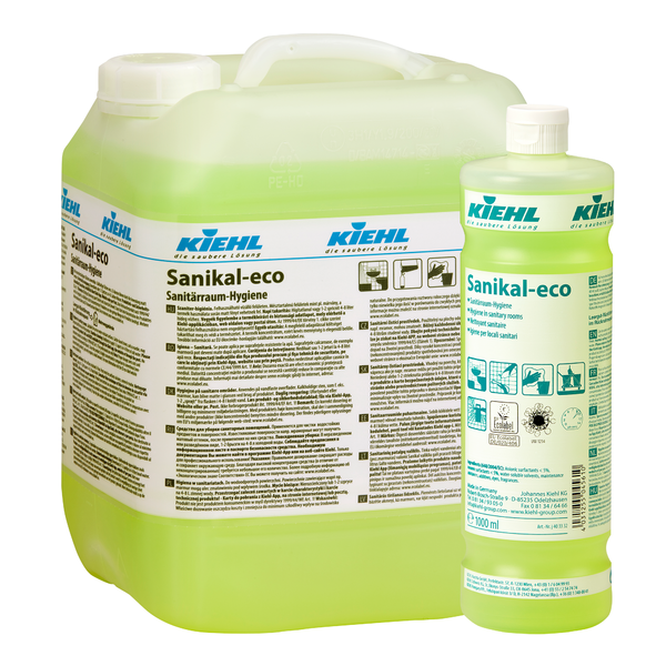 Zwei Gebinde der Kiehl Sanikal-eco Sanitärraum-Hygiene der Johannes Kiehl KG, ein großes und ein kleines, gefüllt mit hellgrüner Flüssigkeit. Beide zeigen Etiketten mit ausführlichem Text und Symbolen für effektive Reinigung und Sanitärraum-Hygiene.