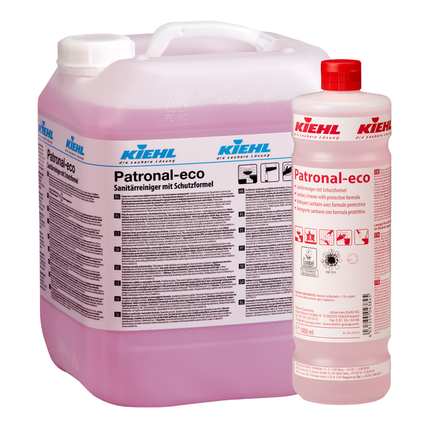 Abgebildet sind zwei Gebinde des Patronal-eco Sanitärreinigers mit Schutzformel der Johannes Kiehl KG: ein durchsichtiger 10-L-Kanister mit Henkel und eine 1-L-Flasche mit rotem Verschluss. Beide tragen detaillierte Etiketten für gründliche Reinigung und Schutzformel.