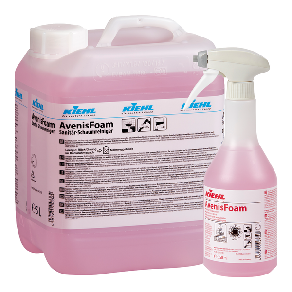 Zwei Gebinde des Johannes Kiehl KG Kiehl AvenisFoam Sanitär-Schaumreiniger: ein 5L-Krug mit Gebrauchsinformation und eine 750ml-Sprühflasche, beide mit rosafarbenem Schaum für gründliche Reinigung und hygienisch saubere Oberflächen.