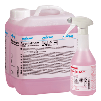 Two containers of Johannes Kiehl KG Kiehl AvenisFoam sanitary foam cleaner: a 5L jug with usage information and a 750ml spray bottle, both with pink foam for thorough cleaning and hygienically clean surfaces.