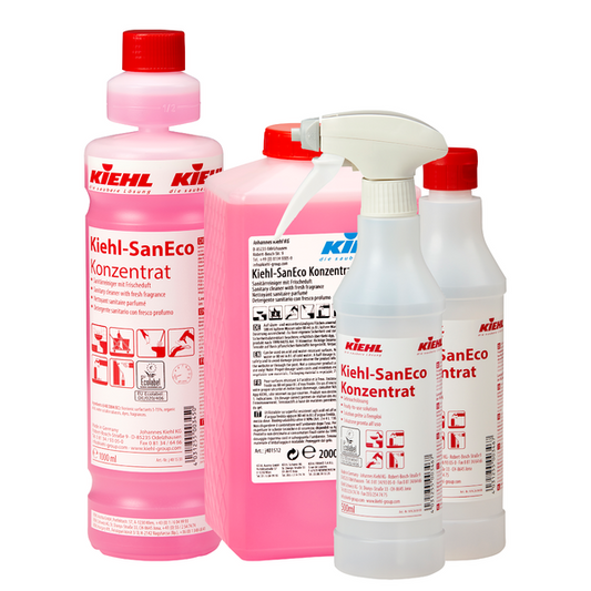 Abgebildet sind sechs leere 500 ml Kiehl-SanEco Trichterflaschen der Johannes Kiehl KG, jeweils wahlweise mit Schaumsprüher oder Spritzverschluss. Die Flaschen sind mit Etiketten für die Gebrauchsanweisung versehen.
