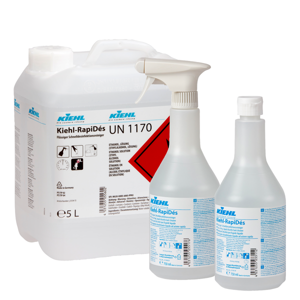 Three containers of Kiehl RapiDés liquid rapid disinfection cleaner from Johannes Kiehl KG - a 5L canister, a spray bottle, and a bottle with a cap and blue/white label - ideal for quick cleaning and surface disinfection. Hazard symbols depicted.