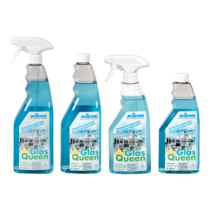 Pictured are four bottles of Johannes Kiehl KG GlasQueen glass and surface cleaner - two with spray heads and two with screw caps. The blue liquid promises streak-free cleaning, and the labels show spotless glass surfaces.