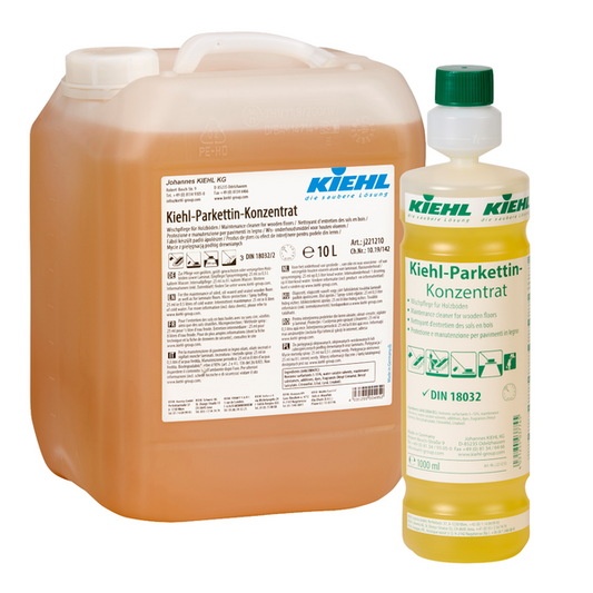 Ein 10-Liter-Kunststoffkanister und eine 1-Liter-Flasche Kiehl Parkettin-Konzentrat Wischpflege für Holzböden der Johannes Kiehl KG, beide gefüllt mit gelber Flüssigkeit und mit weißen Etiketten mit Produktangaben versehen.
