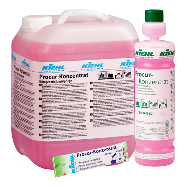 Three Kiehl Procur Concentrate Cleaners with special care from Johannes Kiehl KG - a large canister, a small bottle, and a tube - contain pink liquid with German labels, ideal as an effective cleaner for sensitive surfaces.
