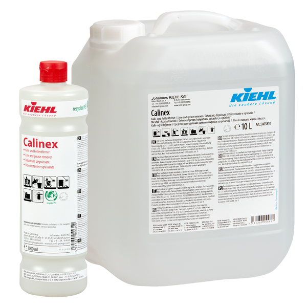 Abgebildet sind zwei Gebinde des Kiehl Calinex Kalk- und Fettentferners der Johannes Kiehl KG: eine 1L-Flasche mit rotem Verschluss und ein weißer 10L-Kanister, beide mit detaillierten Produktetiketten versehen.