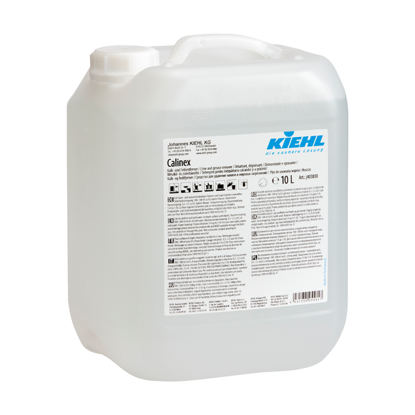 Ein 10-Liter-Behälter aus durchsichtigem Kunststoff mit weißem Deckel und der Aufschrift "Kiehl Calinex Kalk- und Fettentferner" der Johannes Kiehl KG, mit Produktinformationen, Anwendungshinweisen und Sicherheitshinweisen in mehreren Sprachen.