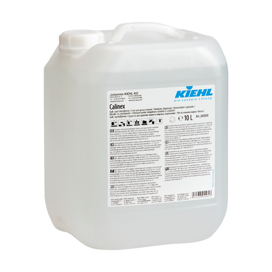 Ein 10-Liter-Behälter aus durchsichtigem Kunststoff mit weißem Deckel und der Aufschrift "Kiehl Calinex Kalk- und Fettentferner" der Johannes Kiehl KG, mit Produktinformationen, Anwendungshinweisen und Sicherheitshinweisen in mehreren Sprachen.