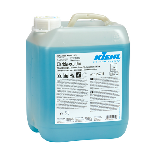 Ein 5-Liter-Kunststoffbehälter mit dem Kiehl Clarida-eco Uni Allround-Reiniger der Johannes Kiehl KG, innen blau, mit weißem Verschluss, Griff und mehrsprachigem Etikett mit Produktinformationen und Anweisungen.