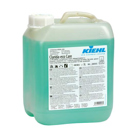 Der 5-Liter-Kunststoffbehälter der Kiehl Clarida-eco Care Eco-Wischpflege der Johannes Kiehl KG, gefüllt mit hellgrüner Flüssigkeit, ist mit einem weißen Deckel und einem Info-Etikett versehen und bietet eine umweltfreundliche Reinigungslösung.