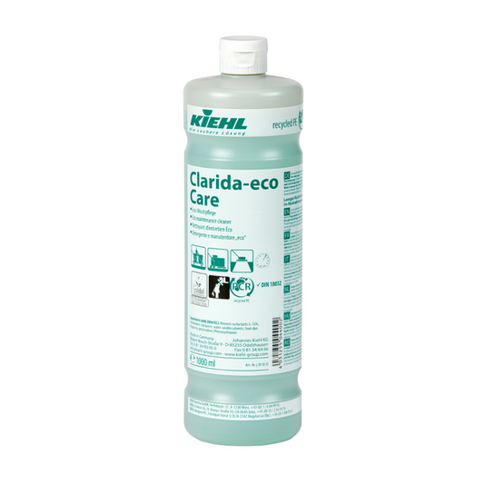 Die 1-Liter-Flasche Kiehl Clarida-eco Care Eco-Wischpflege der Johannes Kiehl KG hat ein grün gefärbtes Etikett mit mehrsprachigem Text, Piktogrammen, Hinweisen und einem weißen Verschluss. Dies ist eine umweltfreundliche Reinigungslösung.