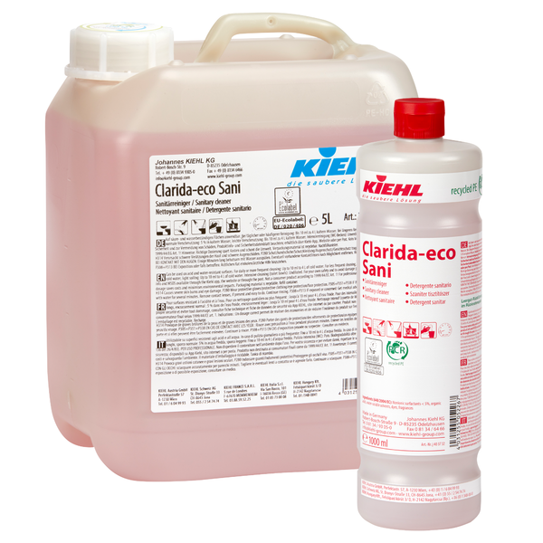 Zwei Behälter von Johannes Kiehl KG Kiehl Clarida-eco Sani Sanitärreiniger: ein durchsichtiger 5L-Kanister mit weißem Deckel und Etikett und eine 1L-Flasche mit rotem Deckel und weiß/rotem Etikett, beide mit rosa Flüssigkeit.
