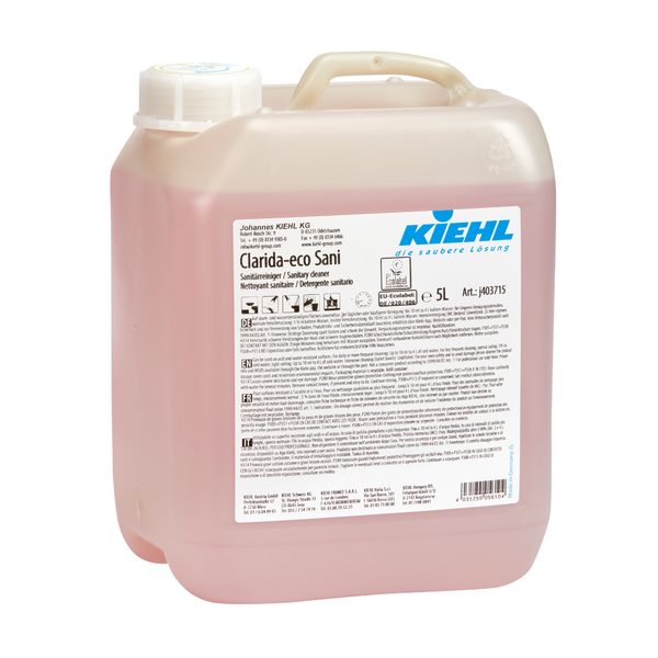 Der 5-Liter-Kunststoffbehälter des Kiehl Clarida-eco Sani Sanitärreinigers der Johannes Kiehl KG hat einen weißen Schraubverschluss, eine Frontbeschriftung und enthält eine rosafarbene Flüssigkeit für die umweltfreundliche und effektive Reinigung von Sanitärbereichen.