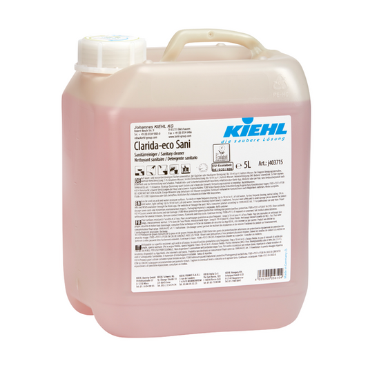 Der 5-Liter-Kunststoffbehälter des Kiehl Clarida-eco Sani Sanitärreinigers der Johannes Kiehl KG hat einen weißen Schraubverschluss, eine Frontbeschriftung und enthält eine rosafarbene Flüssigkeit für die umweltfreundliche und effektive Reinigung von Sanitärbereichen.