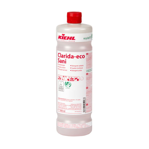 Die weiße Kunststoffflasche "Kiehl Clarida-eco Sani Sanitärreiniger" der Johannes Kiehl KG fasst 1.000 ml, ist mit roter Schrift und Piktogrammen versehen und trägt Recycling- und Sicherheitsinformationen auf dem Etikett.