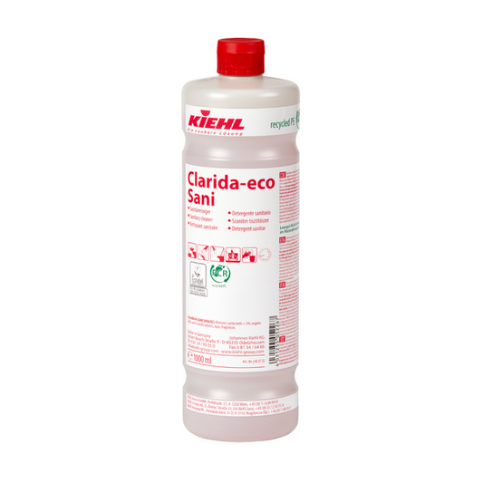 Die weiße Kunststoffflasche "Kiehl Clarida-eco Sani Sanitärreiniger" der Johannes Kiehl KG fasst 1.000 ml, ist mit roter Schrift und Piktogrammen versehen und trägt Recycling- und Sicherheitsinformationen auf dem Etikett.