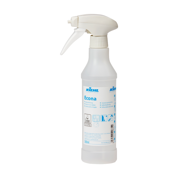 Eine weiße 500 ml Kiehl Econa Trichterflasche leer mit 6 Sprühern (aerosolfrei) der Johannes Kiehl KG steht aufrecht und zeigt blauen Text und Anweisungen auf weißem Hintergrund. Die Düse zeigt nach links. Die Packung enthält 6 Stück.