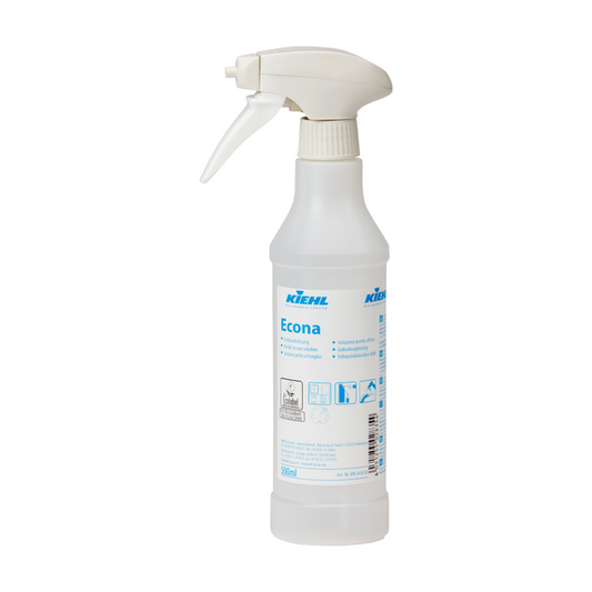 Eine weiße 500 ml Kiehl Econa Trichterflasche leer mit 6 Sprühern (aerosolfrei) der Johannes Kiehl KG steht aufrecht und zeigt blauen Text und Anweisungen auf weißem Hintergrund. Die Düse zeigt nach links. Die Packung enthält 6 Stück.
