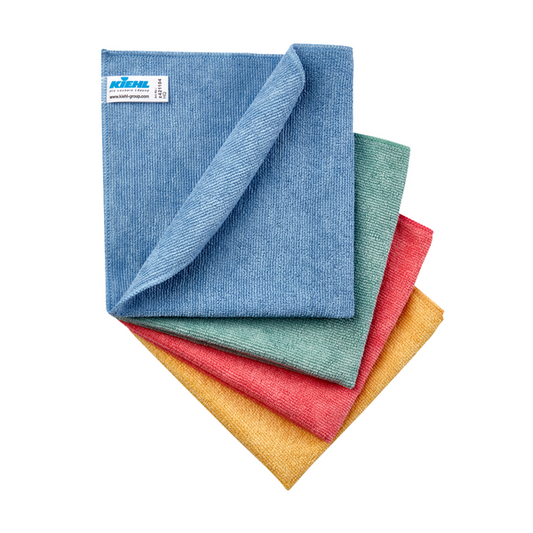 Vier Kiehl Microfasertücher HQ-Allround 40 x 40 cm der Johannes Kiehl KG in den Farben blau, grün, rot und gelb liegen aufgefächert übereinander. Das blaue Mikrofasertuch liegt oben, teilweise gefaltet, um ein Ecketikett zu zeigen.