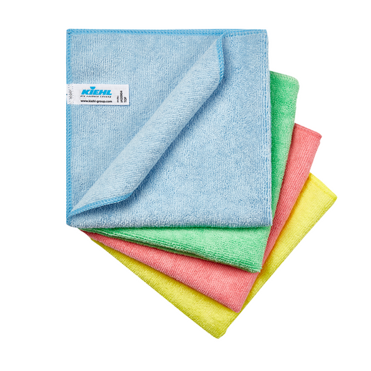 Vier Kiehl Microfasertuch Top Reinigungstücher (38 x 38 cm, 300 g/qm, lose) der Johannes Kiehl KG in den Farben blau, grün, rosa und gelb sind aufgefächert; das oberste ist so gefaltet, dass seine Unterseite und ein weißes Etikett mit Text sichtbar sind.