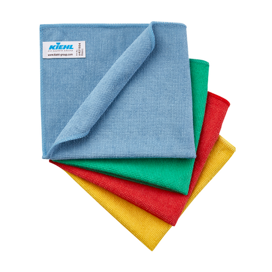 Vier Kiehl Microfasertücher Basic (35 x 32 cm, 270 g/qm) der Johannes Kiehl KG in den Farben blau, grün, rot und gelb sind gestapelt, wobei das blaue Tuch oben liegt und an einer Ecke ein sichtbares Etikett der Johannes Kiehl KG trägt.