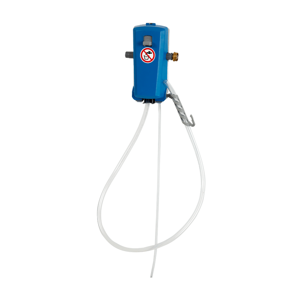 The blue wall dispenser Kiehl DosiJet 1P-16L Multidosing Dispenser from Johannes Kiehl KG features two white hoses, a gray lever, a brass connection, and a non-smoking sticker; max: 16 L/min.