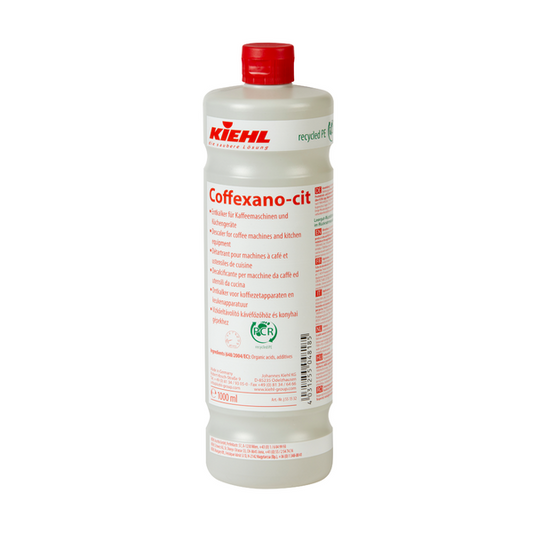 Eine 1-Liter-Flasche Johannes Kiehl KG Coffexano-cit Entkalker für Kaffeemaschinen und Küchengeräte mit rotem Verschluss und mehrsprachigem Etikett. Auch als Karton mit 6 Flaschen erhältlich.