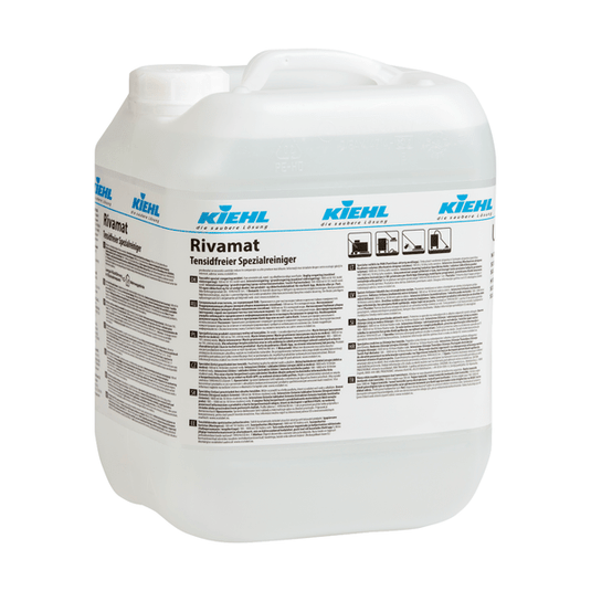 The 10-liter plastic container of Kiehl Rivamat Surfactant-Free Special Cleaner from Johannes Kiehl KG has blue-black labeling, a white screw cap, and product information on the side.