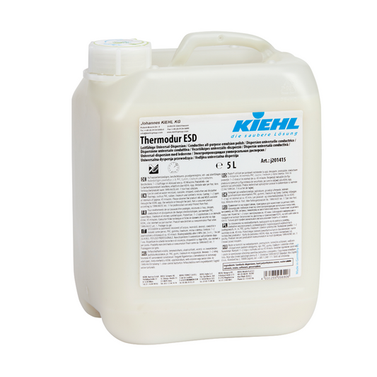 Ein weißer 5-Liter-Kunststoffkanister mit der Aufschrift "Kiehl Thermodur ESD Leitfähige Universal-Dispersion" (Johannes Kiehl KG), konzipiert für ESD-Böden. Auf dem deutschen Etikett stehen Anwendungshinweise und Sicherheitsinformationen. Verkauft in einem Karton mit 2 Flaschen.