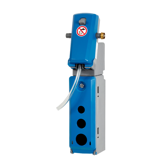 Die Kiehl DosiStation 1P-4 L Multidosing der Johannes Kiehl KG ist ein blau-silbernes Wandgerät zur Flaschenbefüllung mit einem durchsichtigen Schlauch und einem Warnaufkleber mit Hand und rotem Verbotszeichen.