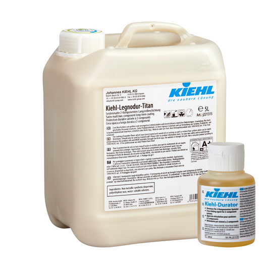Eine 5L-Flasche Kiehl-Legnodur-Titan mit Kiehl-Durator Seidenmatte 2-Komponenten-Permanentbeschichtung (Johannes Kiehl KG) und eine 100ml-Flasche sind vor einem weißen Hintergrund abgebildet.