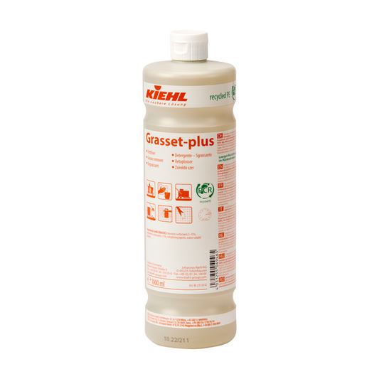 Eine 1L-Kunststoffflasche Kiehl Grasset-plus Fettlöser der Johannes Kiehl KG mit weißem Verschluss, orangefarbenem und grünem Etikett, die als wirksamer Fettlöser zur Reinigung und Desinfektion verschiedener Oberflächen verwendet wird.