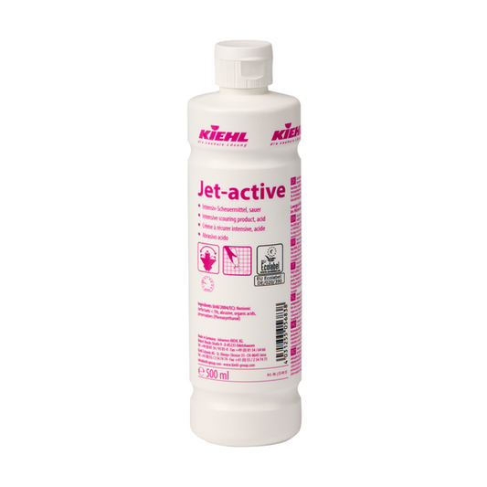 Kiehl Jet-active Intensiv-Scheuermittel, sauer, von Johannes Kiehl KG, 500 ml, weiße Kunststoffflasche, mit rosafarbenem Text und Sicherheitshinweisen auf dem Etikett; geeignet für hartnäckigen Schmutz. Die Flasche hat einen weißen Verschluss. Erhältlich im 12er-Karton.