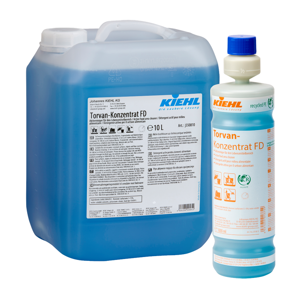 Ein blauer 10-Liter-Kunststoffkanister und eine blaue 1-Liter-Flasche Johannes Kiehl KG Torvan-Konzentrat FD Aktivreiniger für den Lebensmittelbereich, beide mit weißen Etiketten, orangefarbener Schrift und Schraubverschluss - ideal für die Reinigung in der Lebensmittelindustrie.