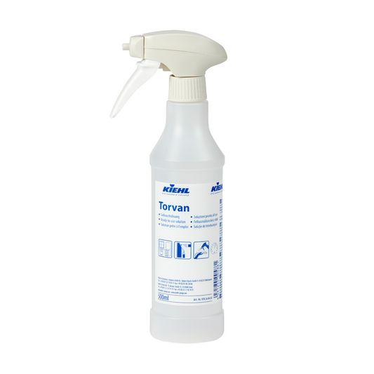 Eine weiße Kiehl Torvan 500 ml-Trichterflasche aus Kunststoff von Johannes Kiehl KG, aerosolfrei und mehrsprachig beschriftet, wird leer mit einem Sprühkopf geliefert; Packung enthält 6 Flaschen mit 6 Sprühern.